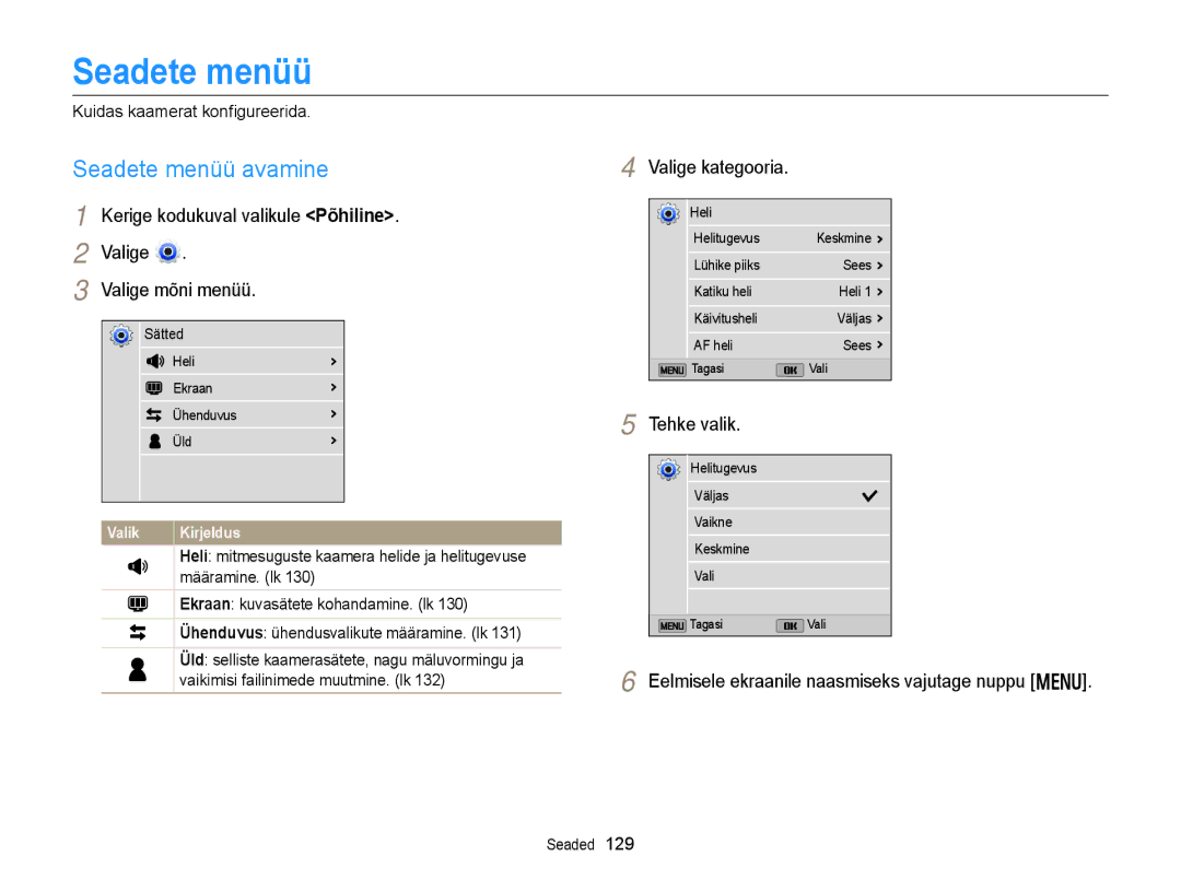 Samsung EC-DV300FBPUE2, EC-DV300FBPBE2 manual Seadete menüü avamine, Valige Valige mõni menüü, Valige kategooria 