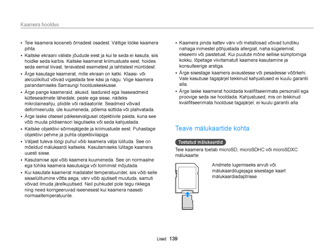 Samsung EC-DV300FBPUE2, EC-DV300FBPBE2 manual Teave mälukaartide kohta, Toetatud mälukaardid 