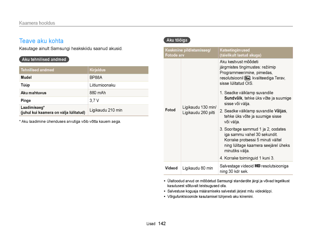 Samsung EC-DV300FBPBE2, EC-DV300FBPUE2 manual Teave aku kohta, Aku tehnilised andmed, Aku tööiga 