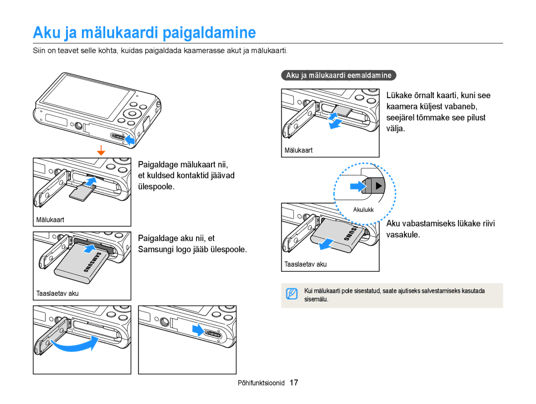 Samsung EC-DV300FBPUE2, EC-DV300FBPBE2 manual Aku ja mälukaardi paigaldamine, Aku ja mälukaardi eemaldamine 