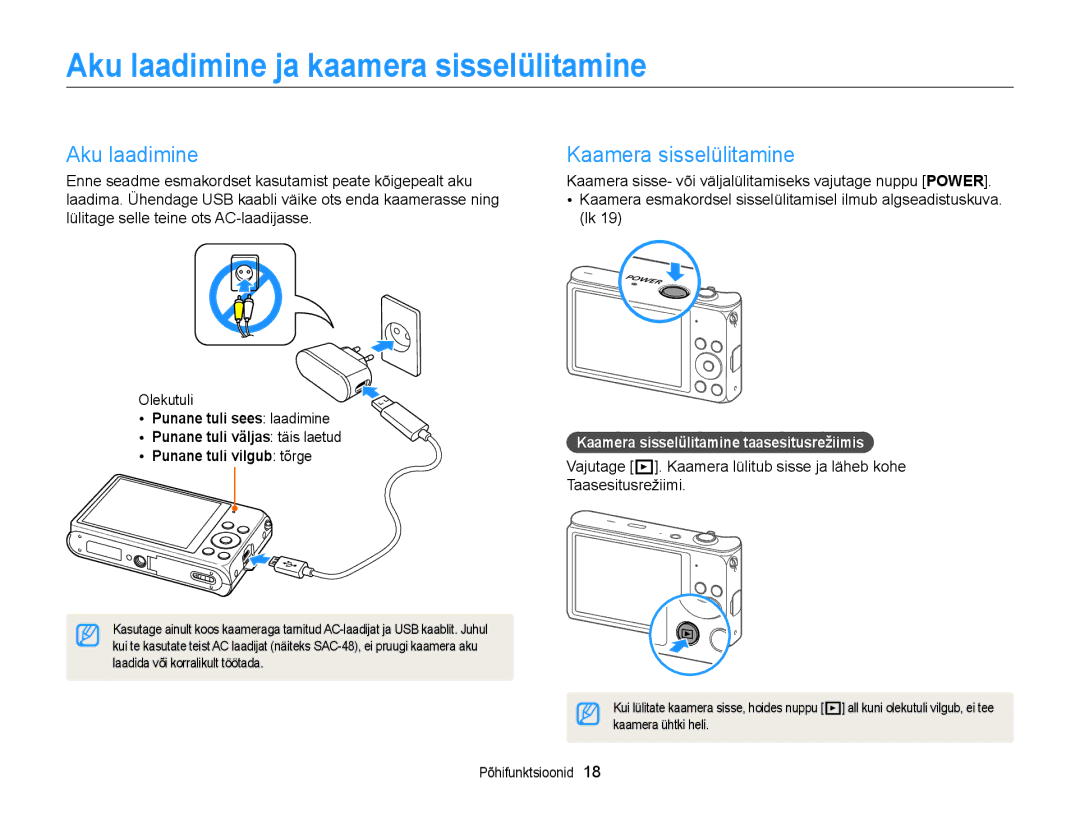 Samsung EC-DV300FBPBE2, EC-DV300FBPUE2 manual Aku laadimine ja kaamera sisselülitamine, Kaamera sisselülitamine 