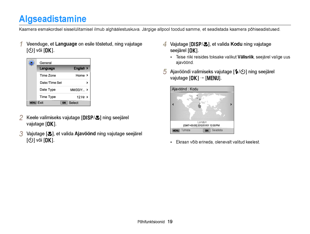 Samsung EC-DV300FBPUE2, EC-DV300FBPBE2 manual Algseadistamine, Ekraan võib erineda, olenevalt valitud keelest 