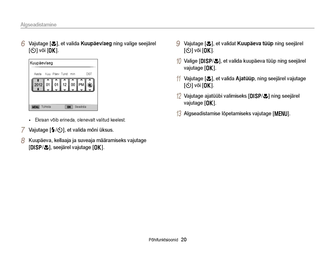 Samsung EC-DV300FBPBE2, EC-DV300FBPUE2 manual Algseadistamine, Vajutage F/t, et valida mõni üksus, Seejärel vajutage o 