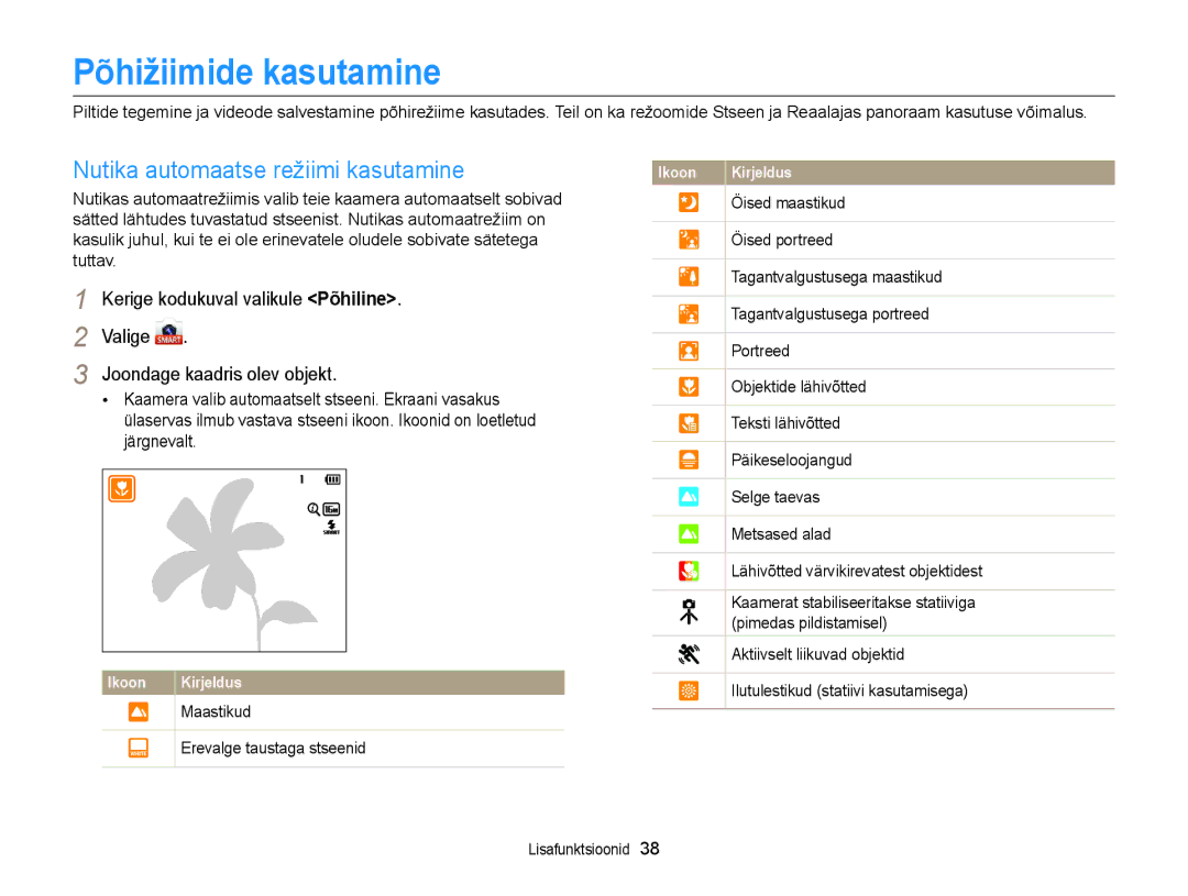 Samsung EC-DV300FBPBE2 Põhižiimide kasutamine, Nutika automaatse režiimi kasutamine, Valige Joondage kaadris olev objekt 