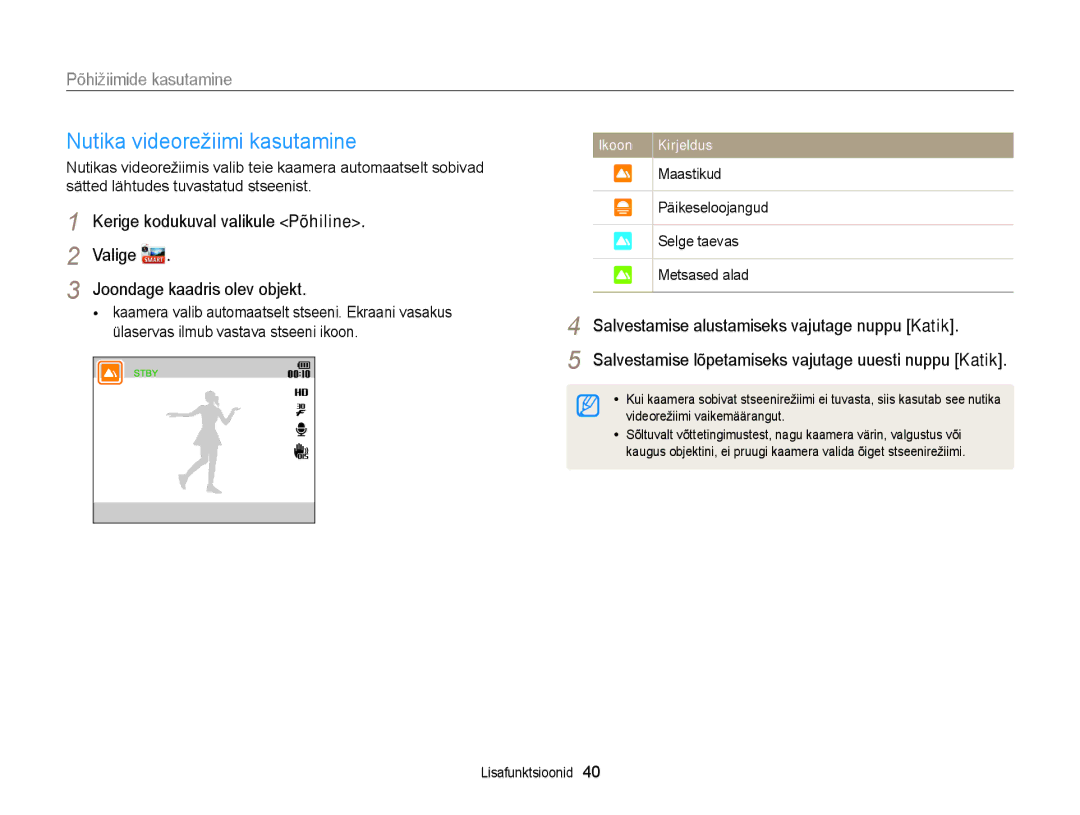 Samsung EC-DV300FBPBE2 manual Nutika videorežiimi kasutamine, Salvestamise alustamiseks vajutage nuppu Katik, Maastikud 