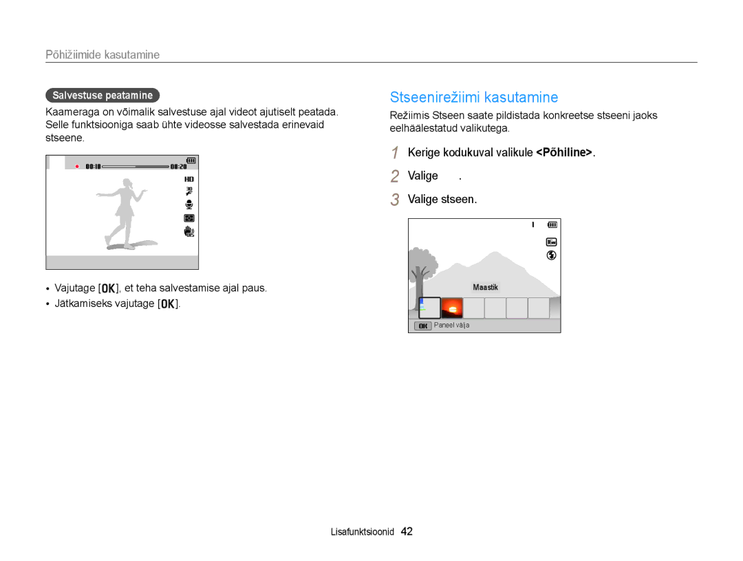 Samsung EC-DV300FBPBE2, EC-DV300FBPUE2 manual Stseenirežiimi kasutamine, Valige Valige stseen, Salvestuse peatamine 
