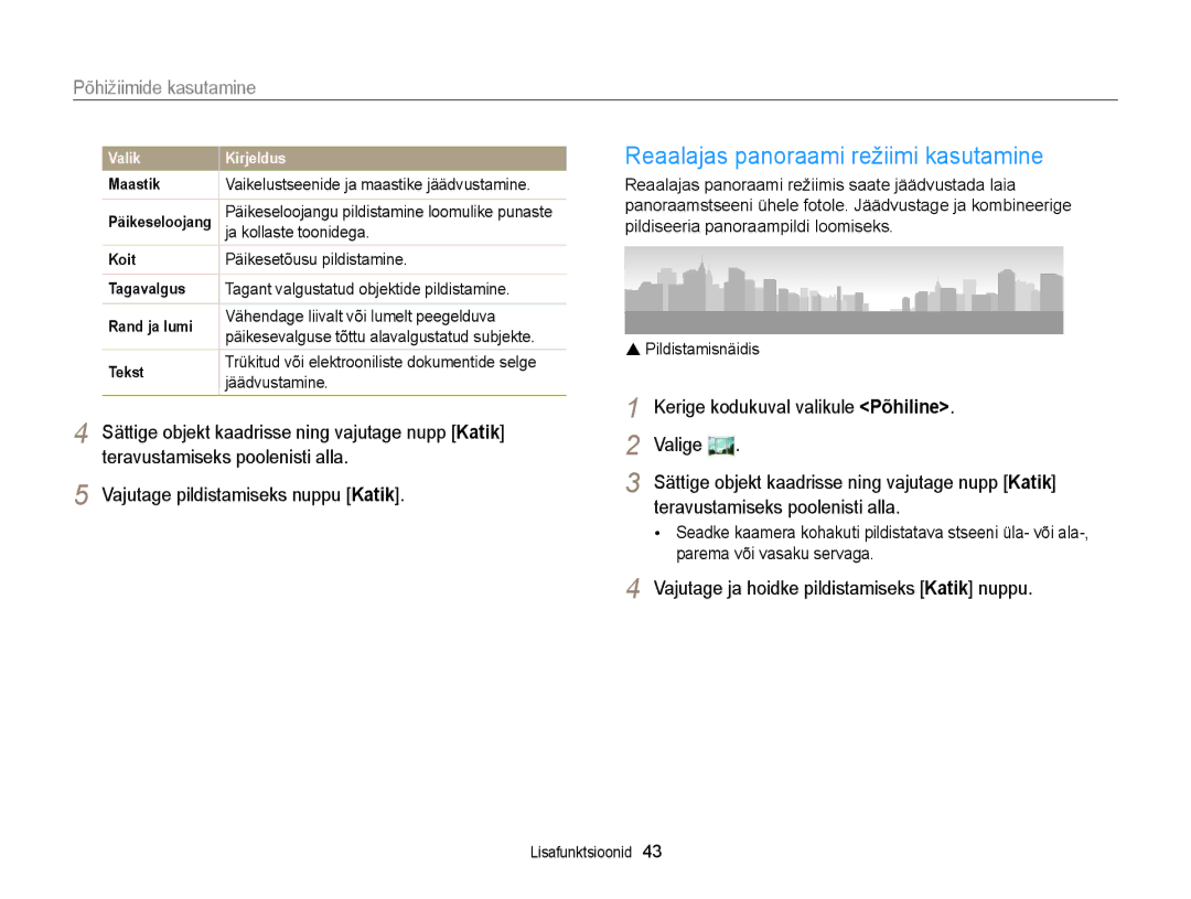 Samsung EC-DV300FBPUE2, EC-DV300FBPBE2 manual Reaalajas panoraami režiimi kasutamine, Teravustamiseks poolenisti alla 