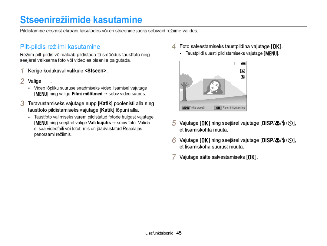 Samsung EC-DV300FBPUE2, EC-DV300FBPBE2 manual Stseenirežiimide kasutamine, Pilt-pildis režiimi kasutamine 