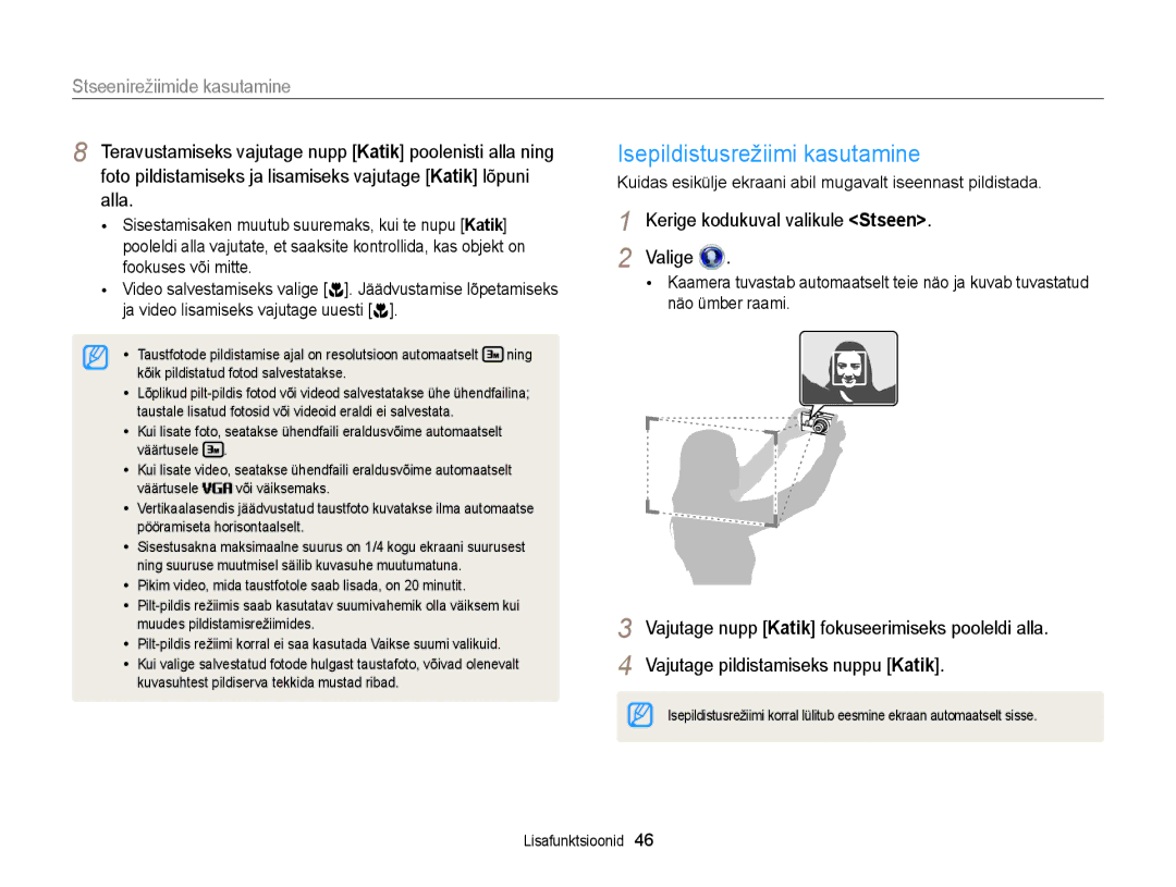 Samsung EC-DV300FBPBE2, EC-DV300FBPUE2 manual Isepildistusrežiimi kasutamine, Stseenirežiimide kasutamine 