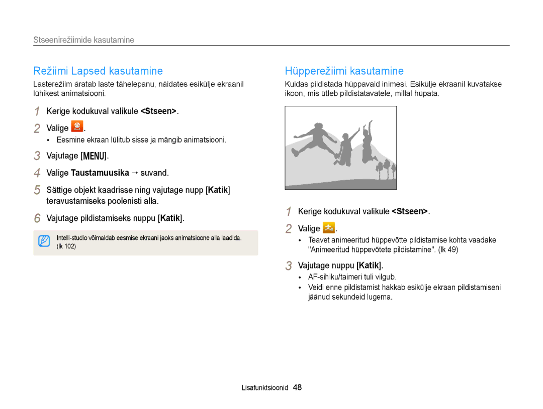 Samsung EC-DV300FBPBE2, EC-DV300FBPUE2 manual Režiimi Lapsed kasutamine, Hüpperežiimi kasutamine, Vajutage nuppu Katik 