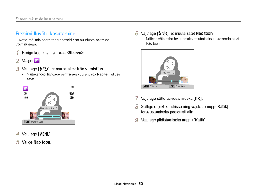 Samsung EC-DV300FBPBE2, EC-DV300FBPUE2 manual Režiimi Iluvõte kasutamine, Kerige kodukuval valikule Stseen, Sätet 