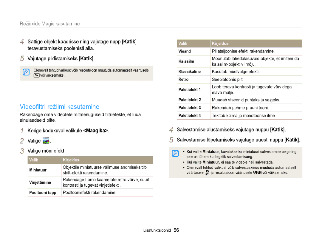 Samsung EC-DV300FBPBE2, EC-DV300FBPUE2 manual Videoﬁltri režiimi kasutamine, Kerige kodukuval valikule Maagika 