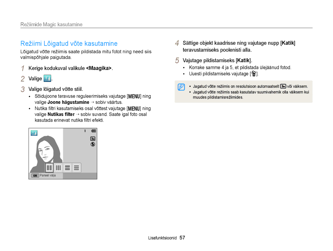 Samsung EC-DV300FBPUE2, EC-DV300FBPBE2 manual Režiimi Lõigatud võte kasutamine, Valige Valige lõigatud võtte stiil 