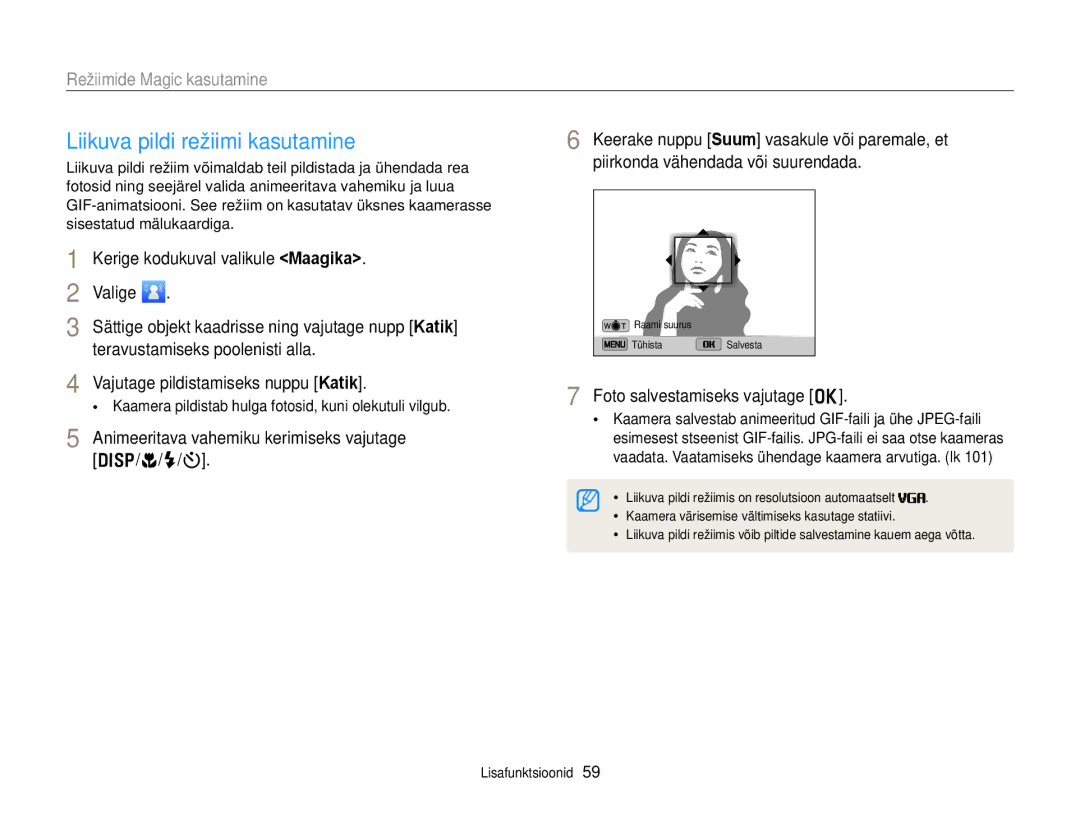 Samsung EC-DV300FBPUE2, EC-DV300FBPBE2 Liikuva pildi režiimi kasutamine, Animeeritava vahemiku kerimiseks vajutage, F/t 