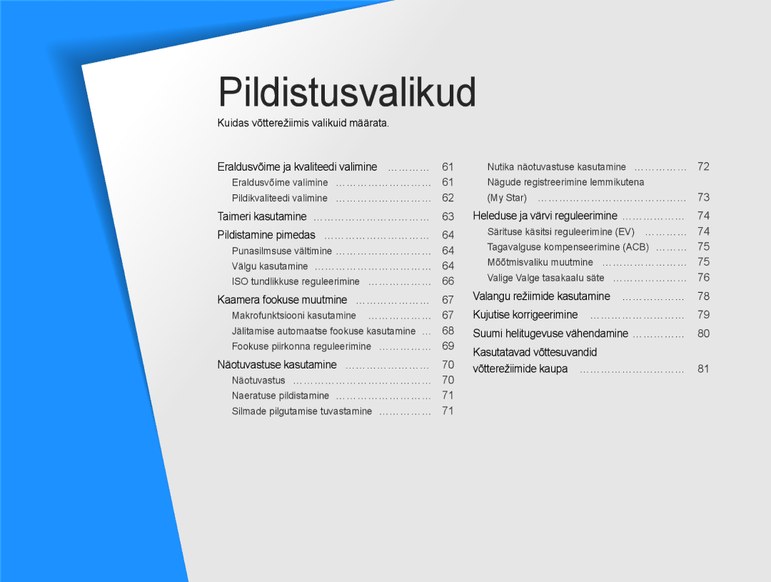 Samsung EC-DV300FBPBE2, EC-DV300FBPUE2 manual Pildistusvalikud, Heleduse ja värvi reguleerimine ……………… 