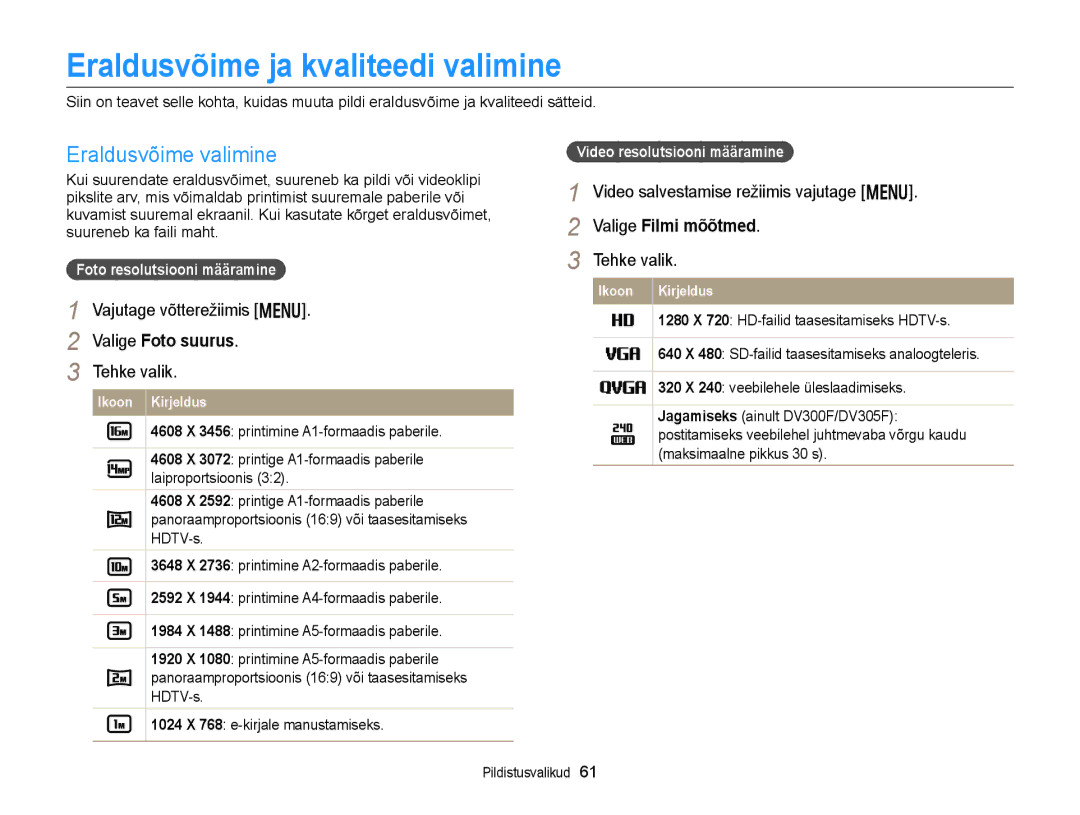 Samsung EC-DV300FBPUE2, EC-DV300FBPBE2 manual Eraldusvõime ja kvaliteedi valimine, Eraldusvõime valimine, Valige Foto suurus 