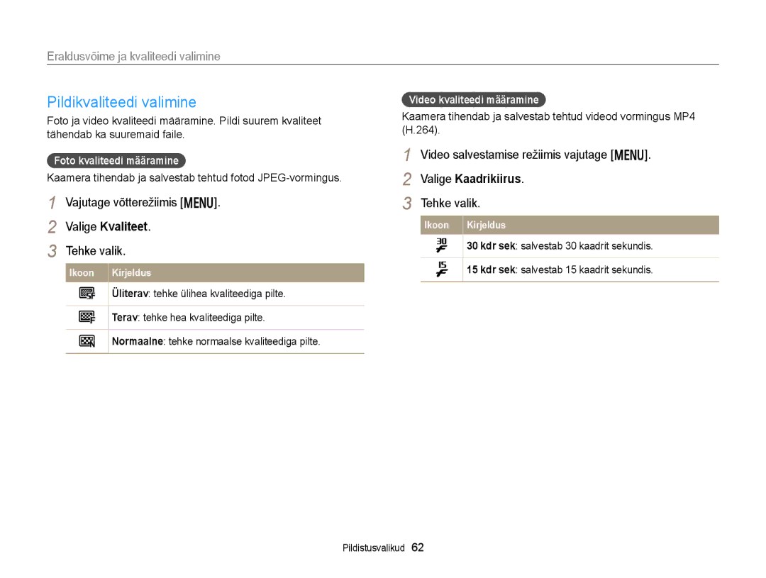 Samsung EC-DV300FBPBE2, EC-DV300FBPUE2 Pildikvaliteedi valimine, Eraldusvõime ja kvaliteedi valimine, Valige Kvaliteet 