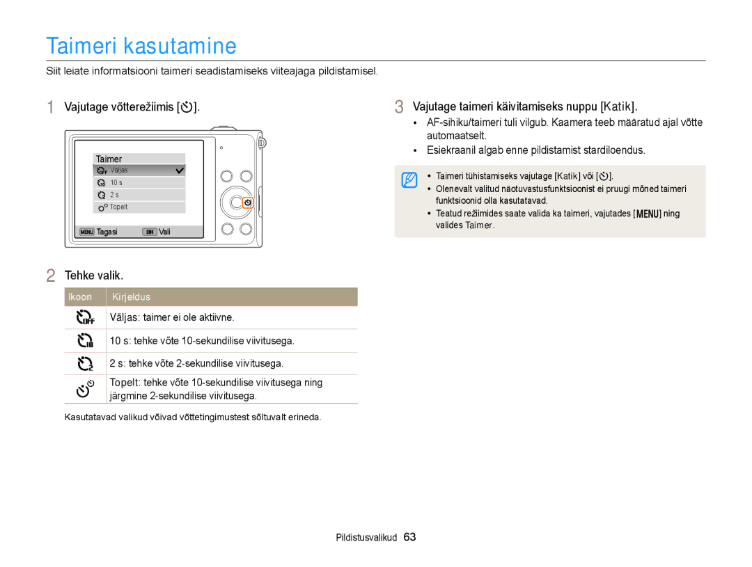 Samsung EC-DV300FBPUE2 manual Taimeri kasutamine, Vajutage võtterežiimis t, Vajutage taimeri käivitamiseks nuppu Katik 