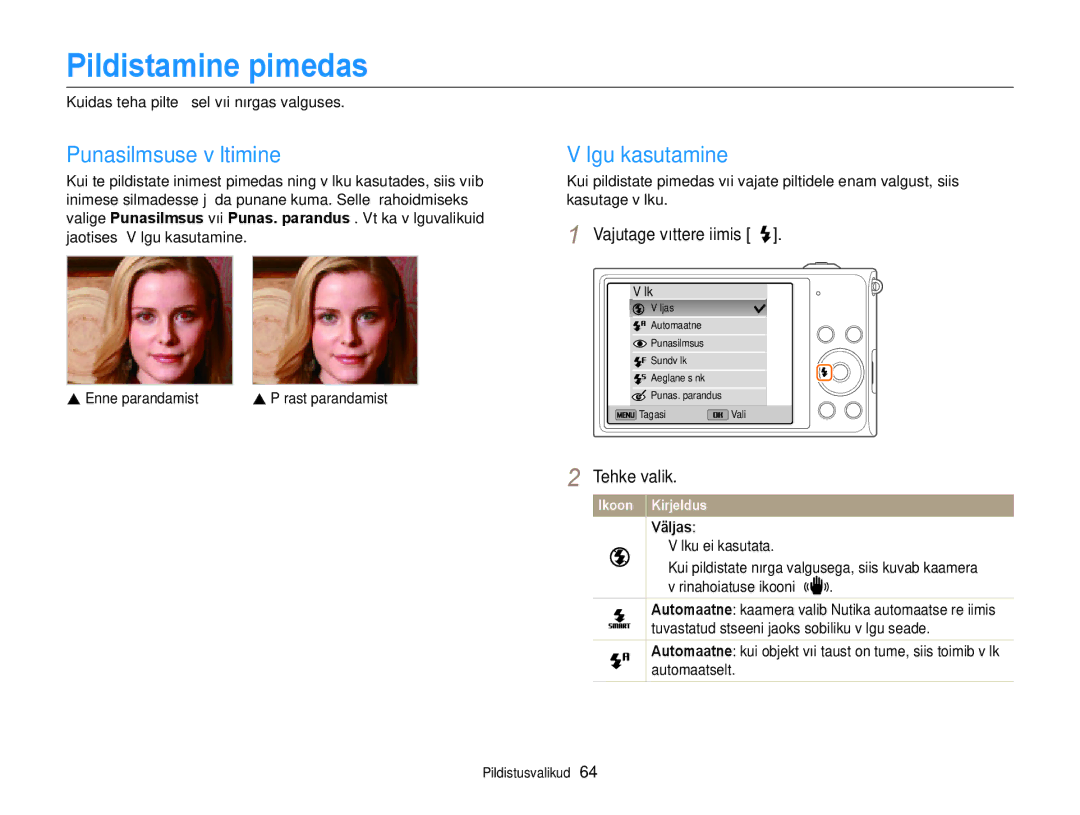 Samsung EC-DV300FBPBE2 Pildistamine pimedas, Punasilmsuse vältimine, Välgu kasutamine, Vajutage võtterežiimis F, Väljas 