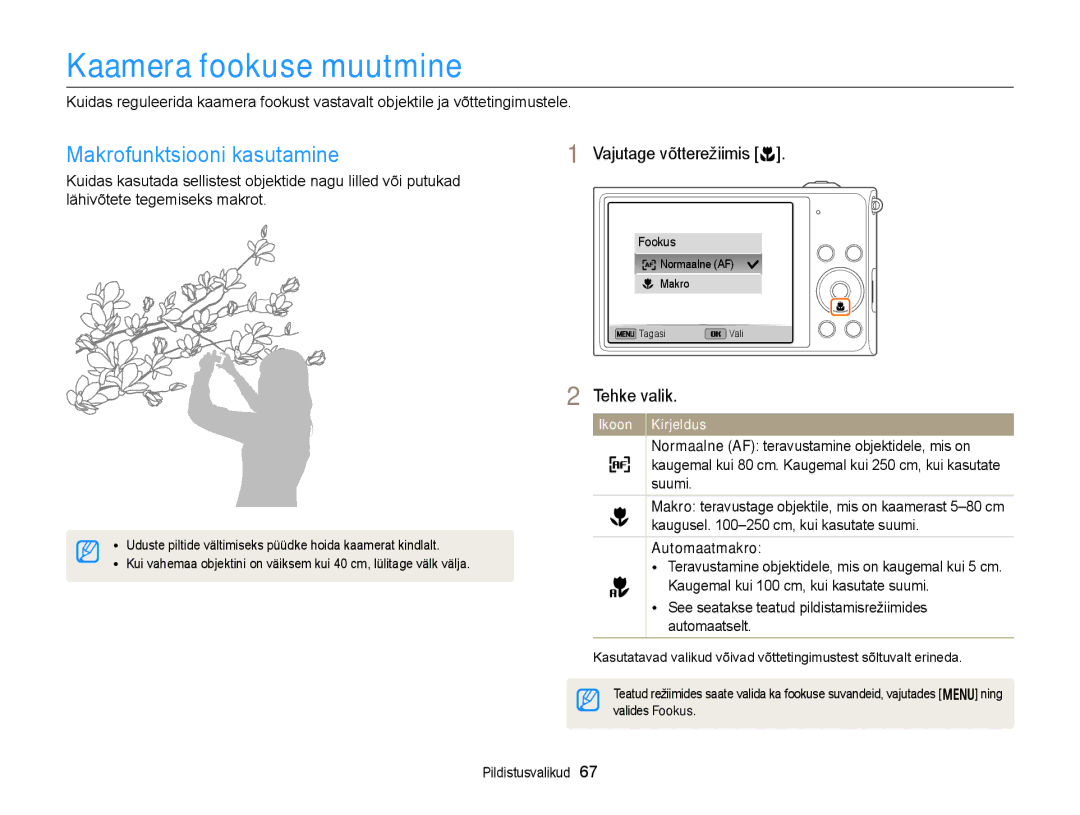 Samsung EC-DV300FBPUE2 Kaamera fookuse muutmine, Makrofunktsiooni kasutamine, Vajutage võtterežiimis c, Automaatmakro 