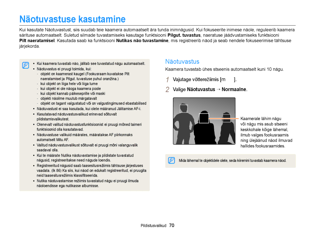 Samsung EC-DV300FBPBE2, EC-DV300FBPUE2 manual Näotuvastuse kasutamine, Valige Näotuvastus “ Normaalne 