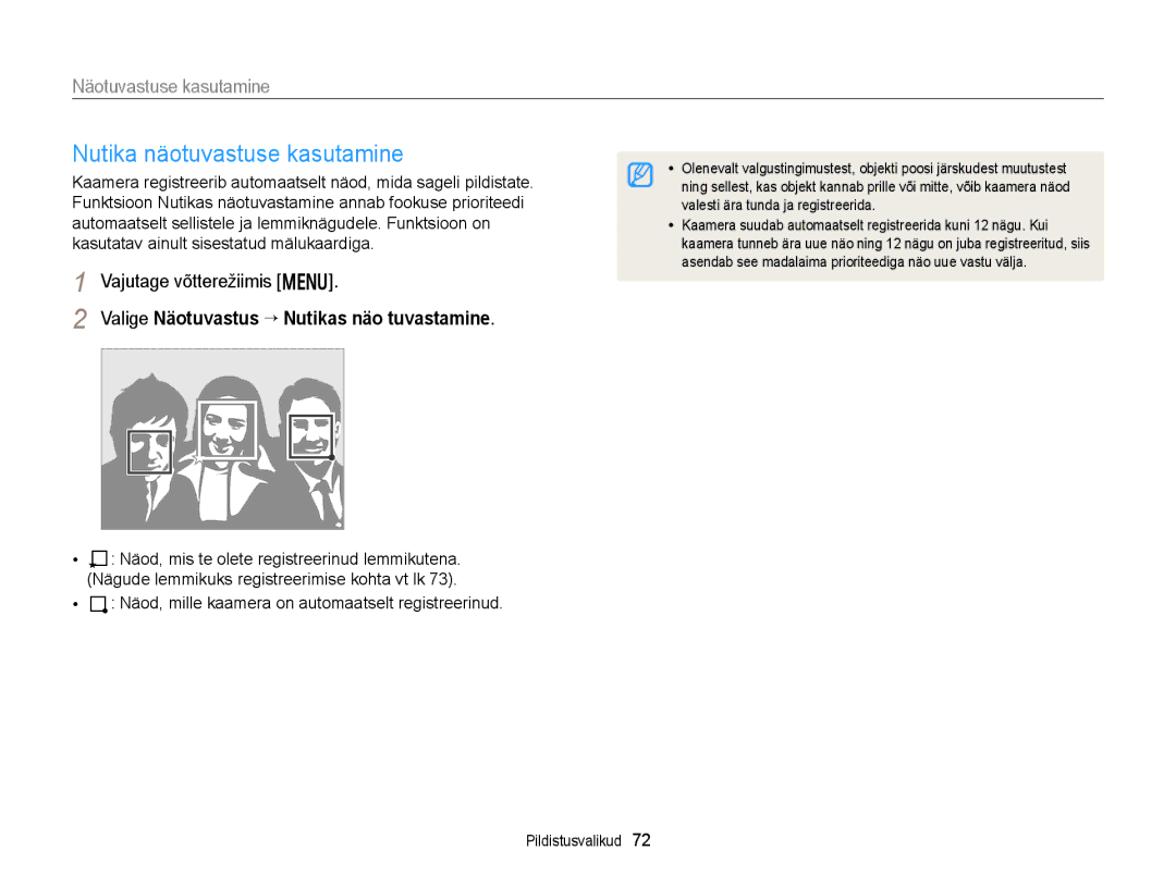 Samsung EC-DV300FBPBE2, EC-DV300FBPUE2 manual Nutika näotuvastuse kasutamine, Valige Näotuvastus “ Nutikas näo tuvastamine 