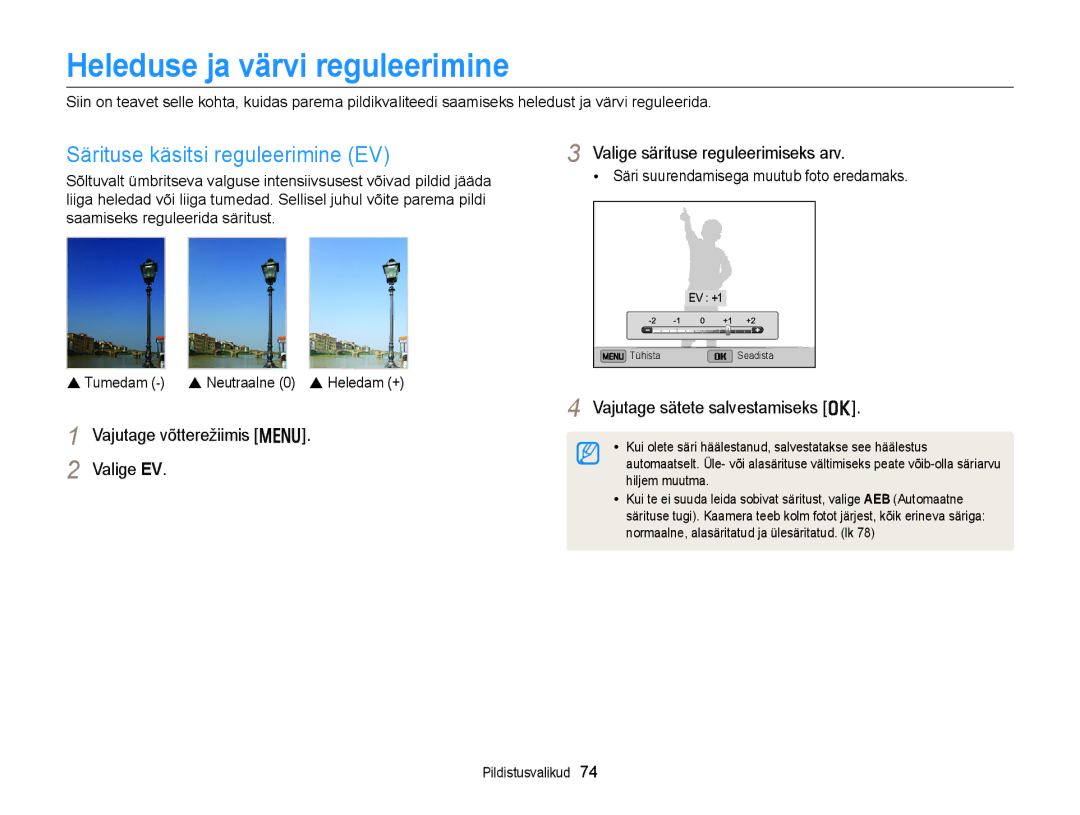 Samsung EC-DV300FBPBE2, EC-DV300FBPUE2 manual Heleduse ja värvi reguleerimine, Särituse käsitsi reguleerimine EV 