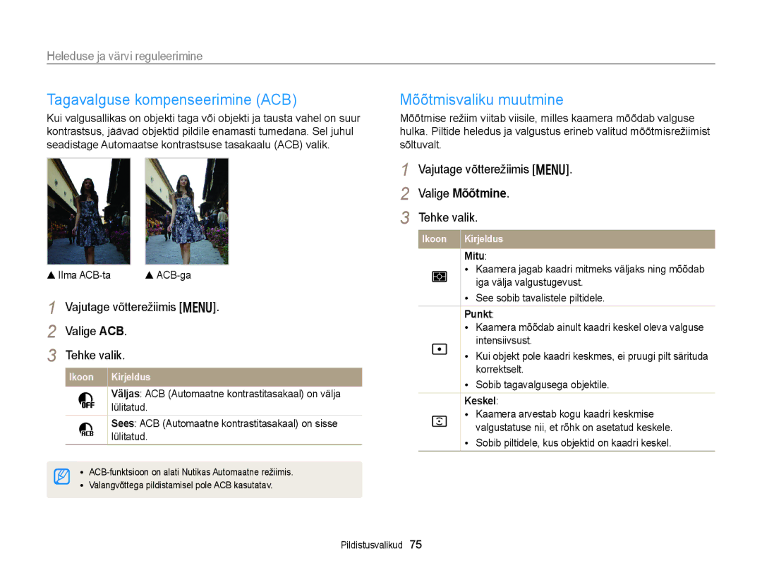 Samsung EC-DV300FBPUE2 manual Tagavalguse kompenseerimine ACB, Mõõtmisvaliku muutmine, Heleduse ja värvi reguleerimine 