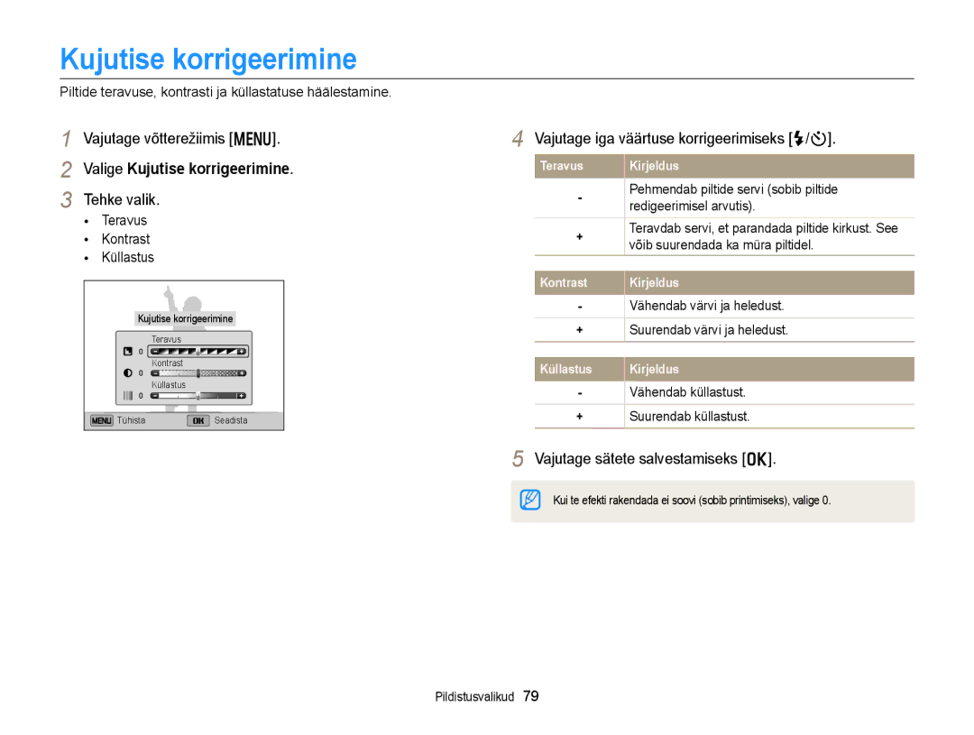 Samsung EC-DV300FBPUE2, EC-DV300FBPBE2 manual Valige Kujutise korrigeerimine, Vajutage iga väärtuse korrigeerimiseks F/t 