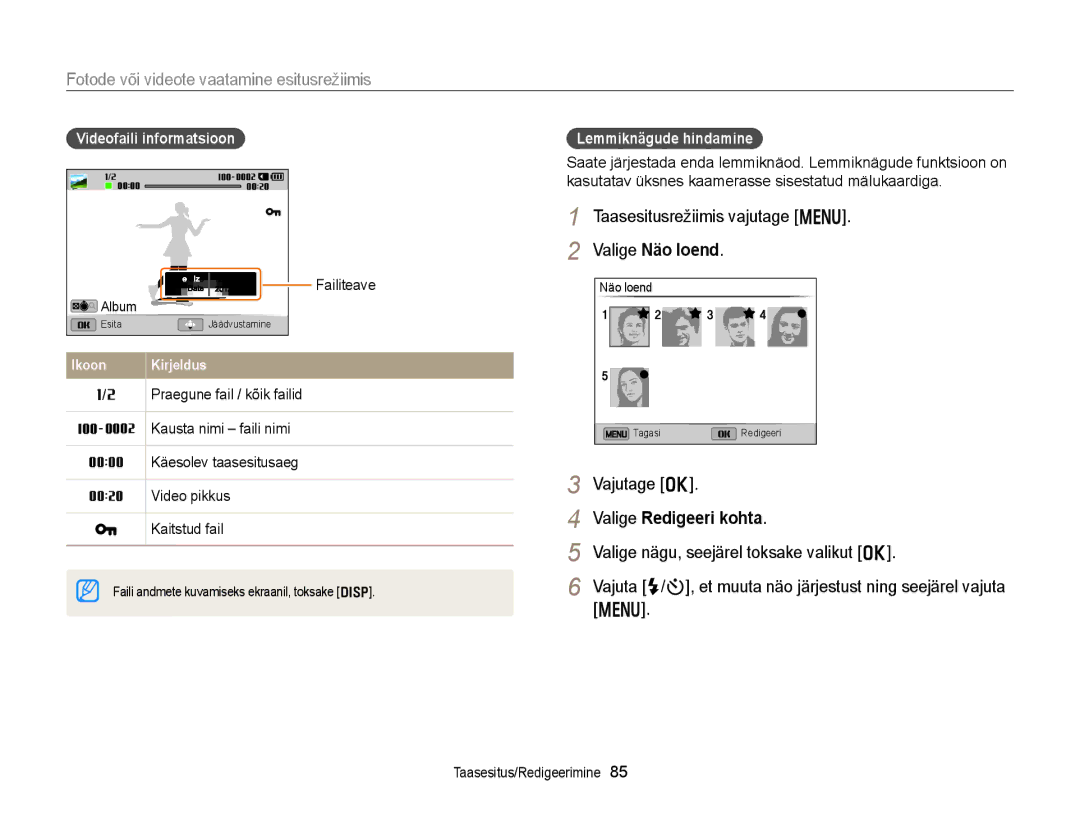 Samsung EC-DV300FBPUE2 manual Fotode või videote vaatamine esitusrežiimis, Valige Näo loend, Valige Redigeeri kohta 