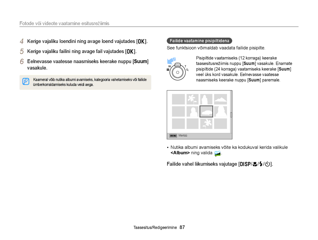 Samsung EC-DV300FBPUE2 Kerige vajaliku failini ning avage fail vajutades o, Vasakule, Failide vaatamine pisipiltidena 