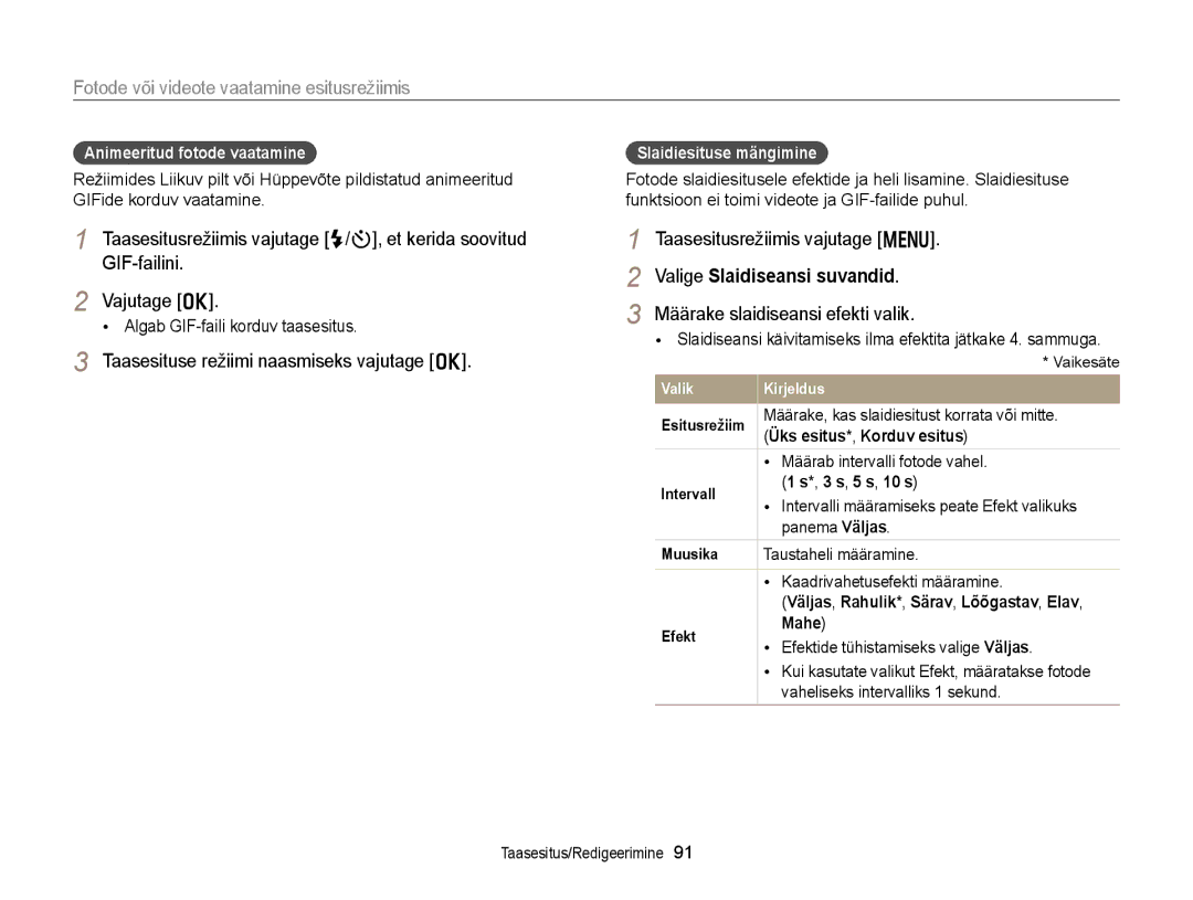 Samsung EC-DV300FBPUE2 Taasesituse režiimi naasmiseks vajutage o, Valige Slaidiseansi suvandid, Slaidiesituse mängimine 