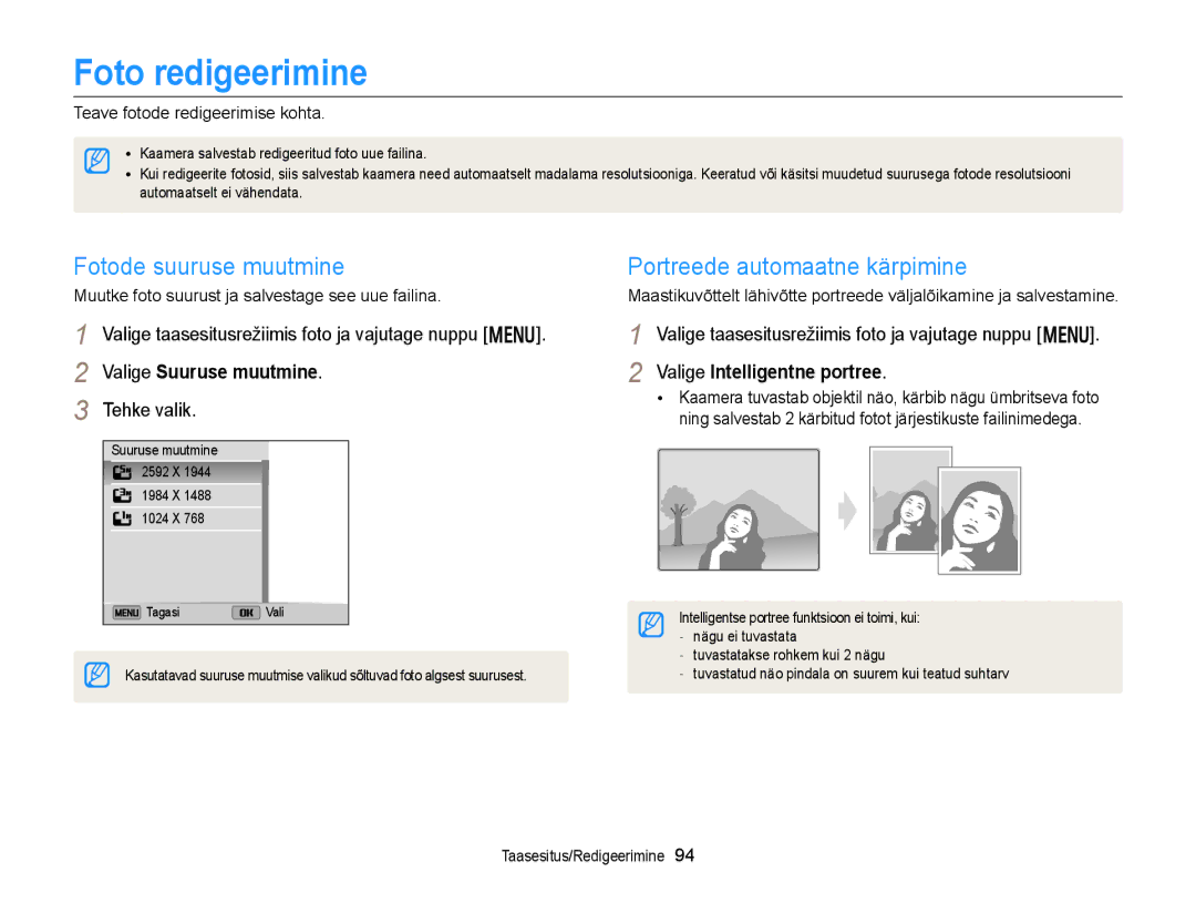 Samsung EC-DV300FBPBE2, EC-DV300FBPUE2 manual Foto redigeerimine, Fotode suuruse muutmine Portreede automaatne kärpimine 