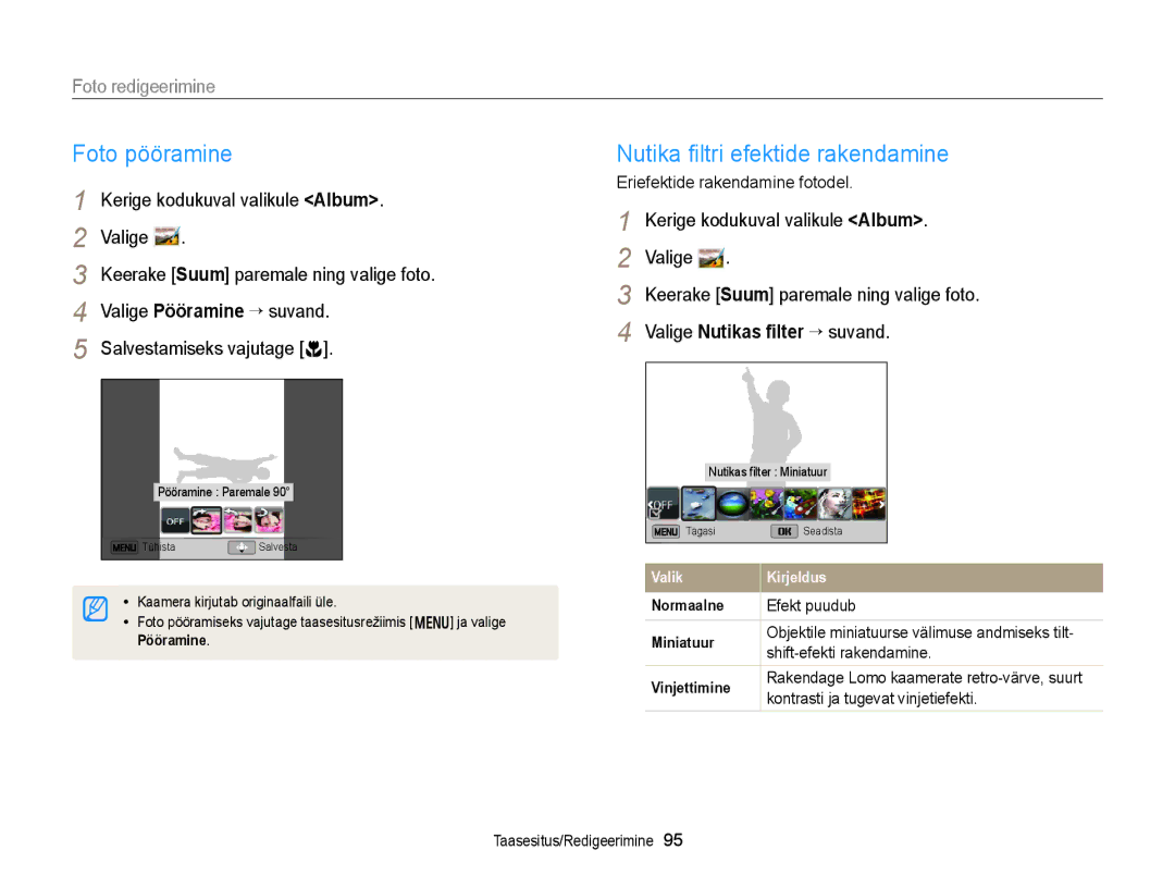 Samsung EC-DV300FBPUE2, EC-DV300FBPBE2 manual Foto pööramine, Nutika ﬁltri efektide rakendamine, Foto redigeerimine 