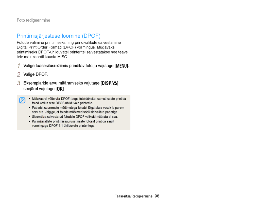 Samsung EC-DV300FBPBE2, EC-DV300FBPUE2 manual Printimisjärjestuse loomine Dpof 