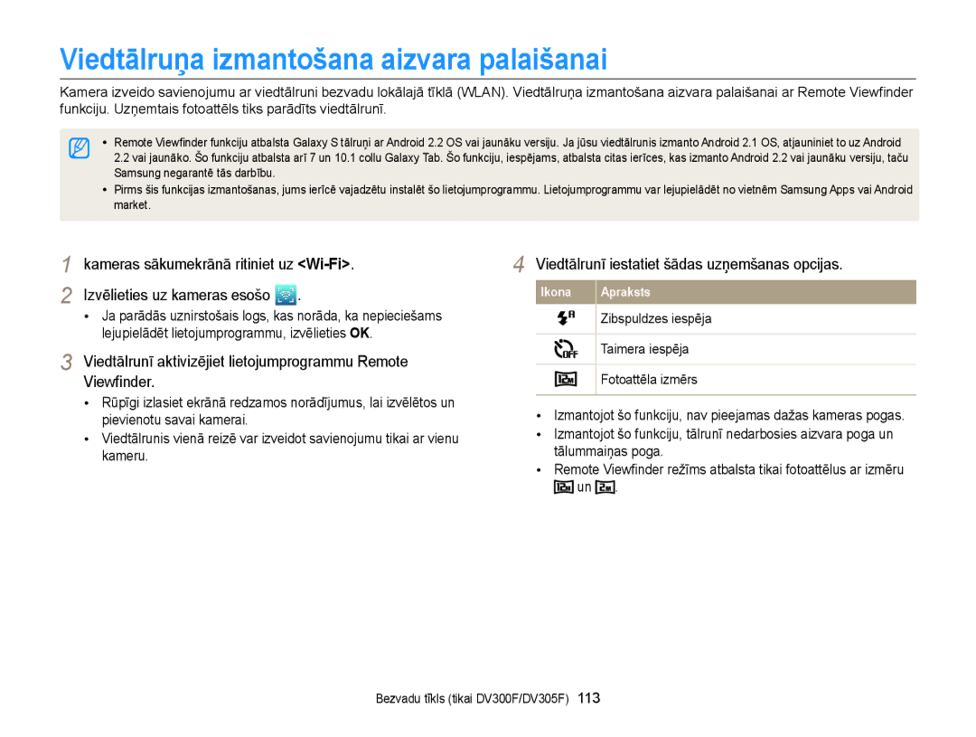 Samsung EC-DV300FBPUE2 manual Viedtālruņa izmantošana aizvara palaišanai, Viedtālrunī iestatiet šādas uzņemšanas opcijas 