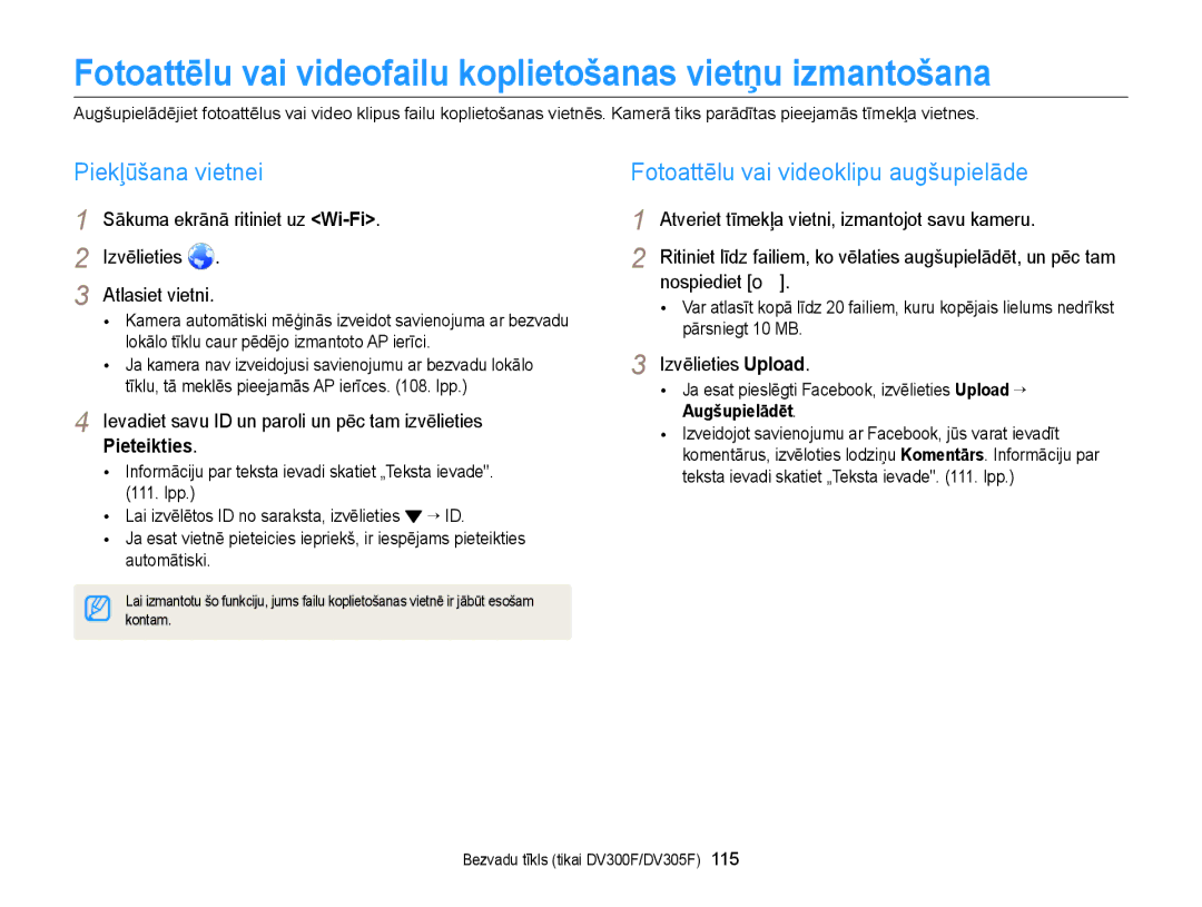 Samsung EC-DV300FBPUE2, EC-DV300FBPBE2 manual Fotoattēlu vai videofailu koplietošanas vietņu izmantošana, Piekļūšana vietnei 