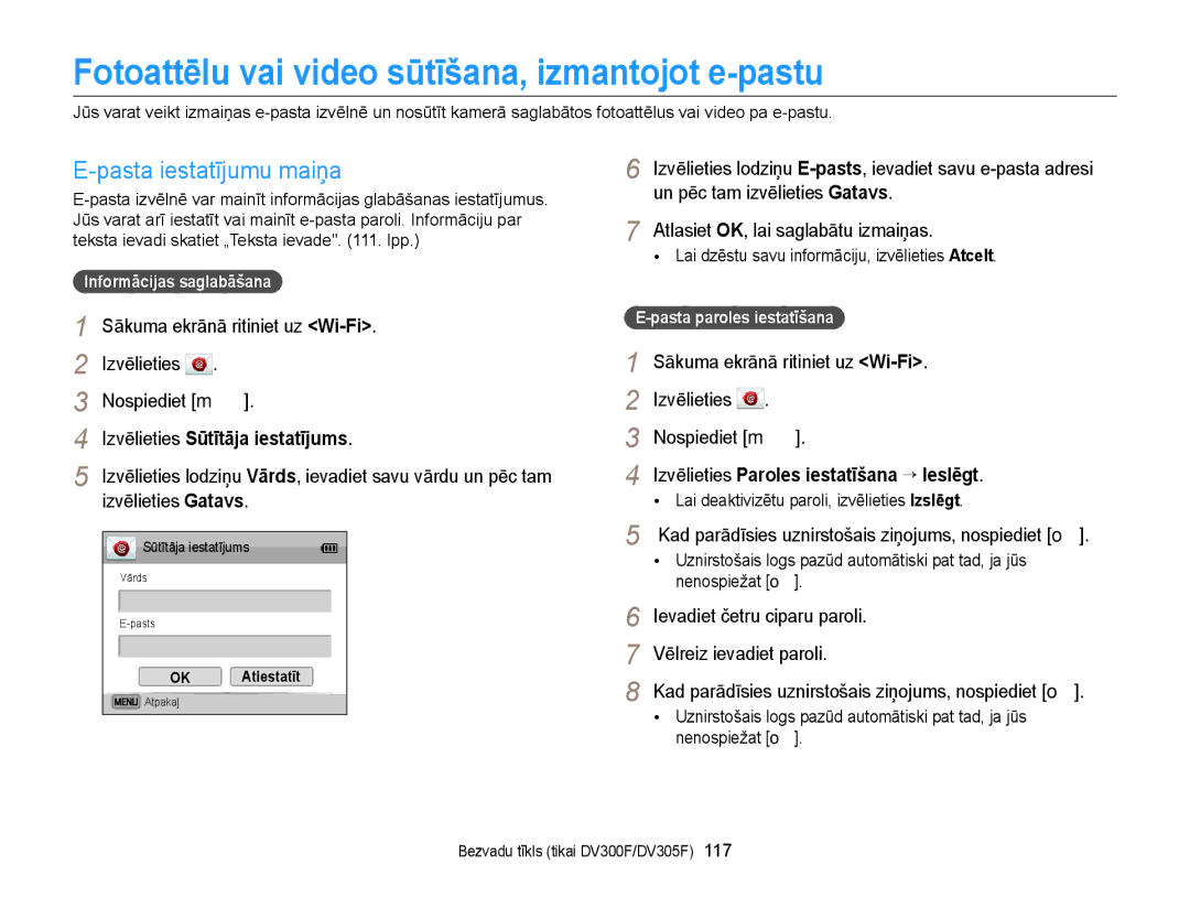 Samsung EC-DV300FBPUE2, EC-DV300FBPBE2 manual Fotoattēlu vai video sūtīšana, izmantojot e-pastu, Pasta iestatījumu maiņa 