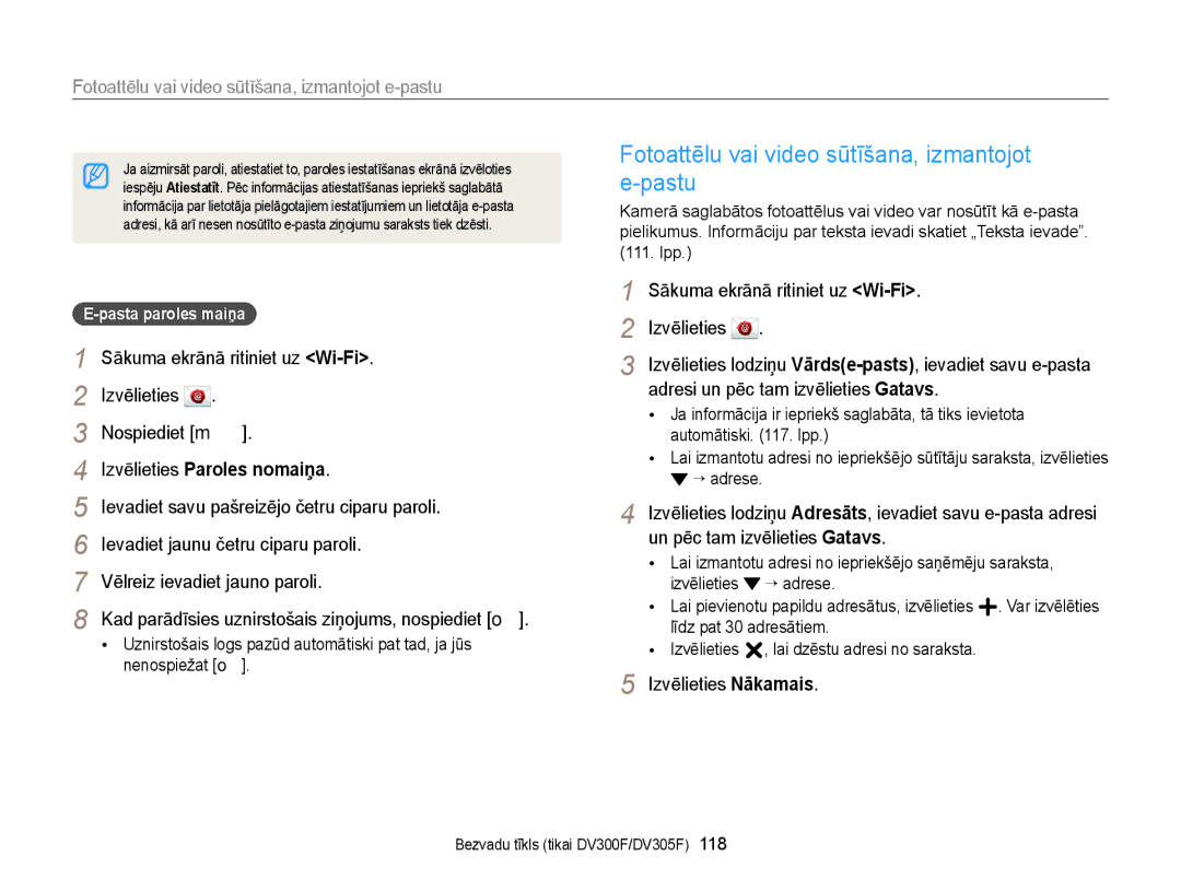 Samsung EC-DV300FBPBE2, EC-DV300FBPUE2 manual Fotoattēlu vai video sūtīšana, izmantojot e-pastu, Izvēlieties Paroles nomaiņa 