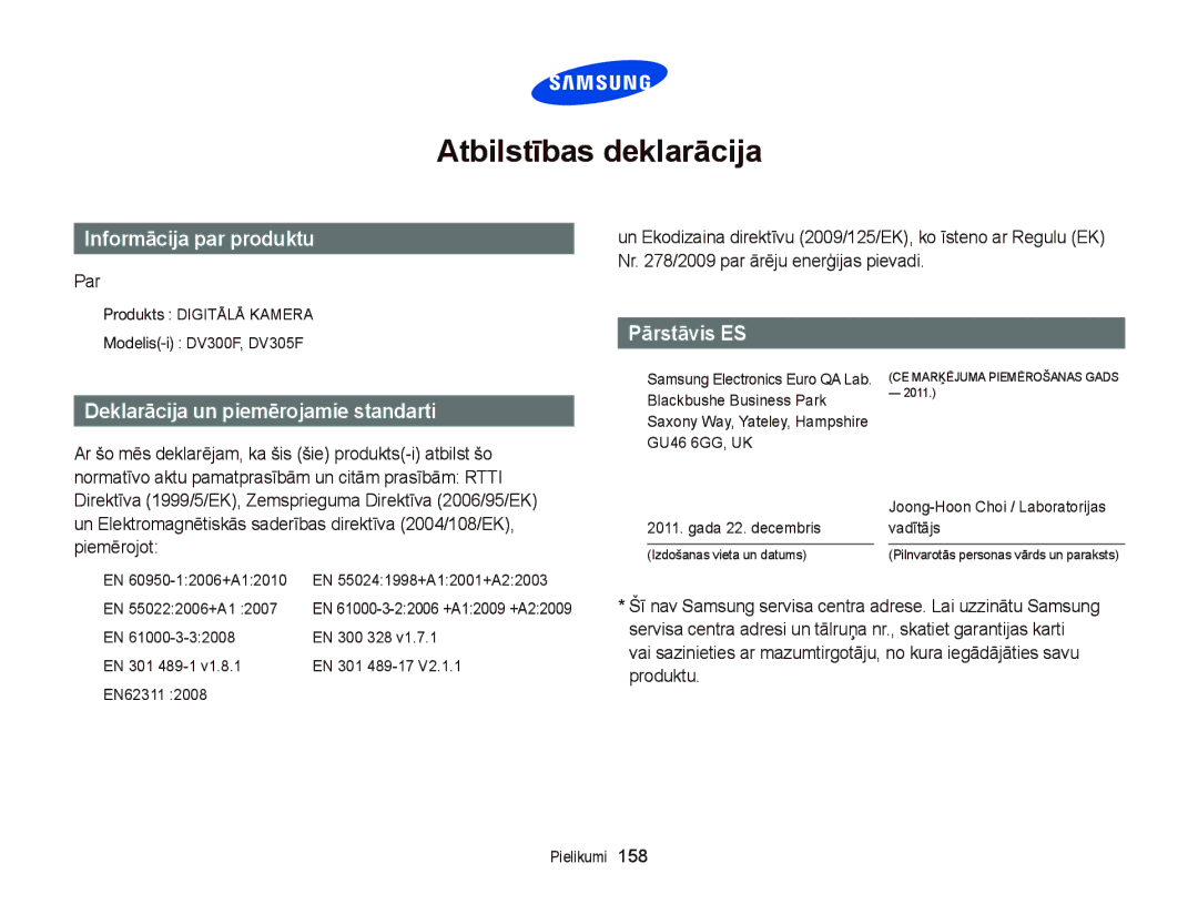 Samsung EC-DV300FBPBE2, EC-DV300FBPUE2 manual Atbilstības deklarācija 