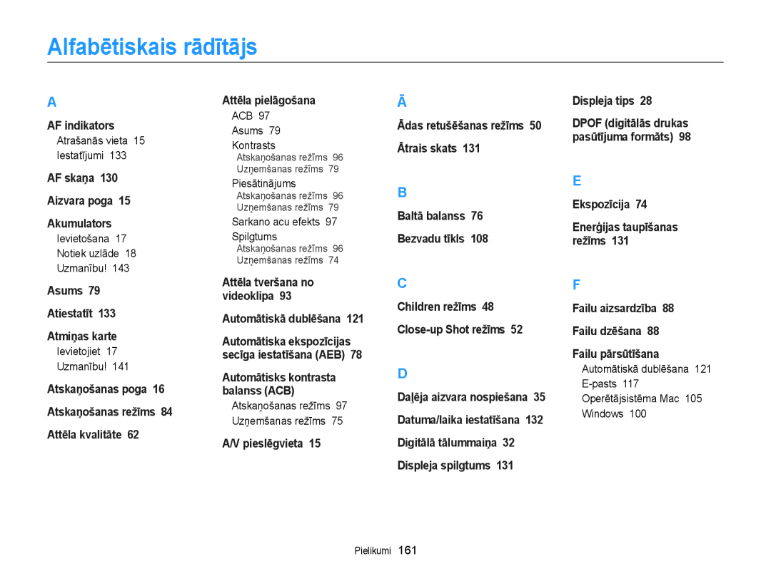 Samsung EC-DV300FBPUE2, EC-DV300FBPBE2 manual Alfabētiskais rādītājs 