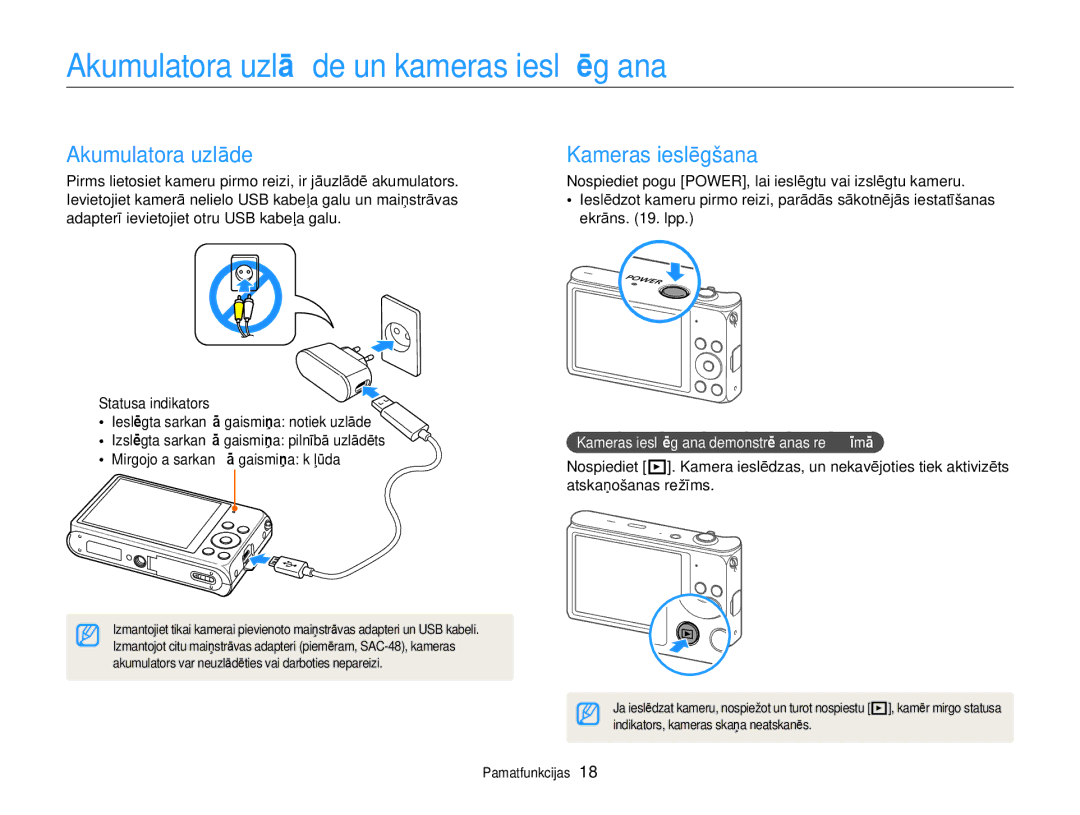 Samsung EC-DV300FBPBE2, EC-DV300FBPUE2 Akumulatora uzlāde un kameras ieslēgšana, Kameras ieslēgšana, Statusa indikators 