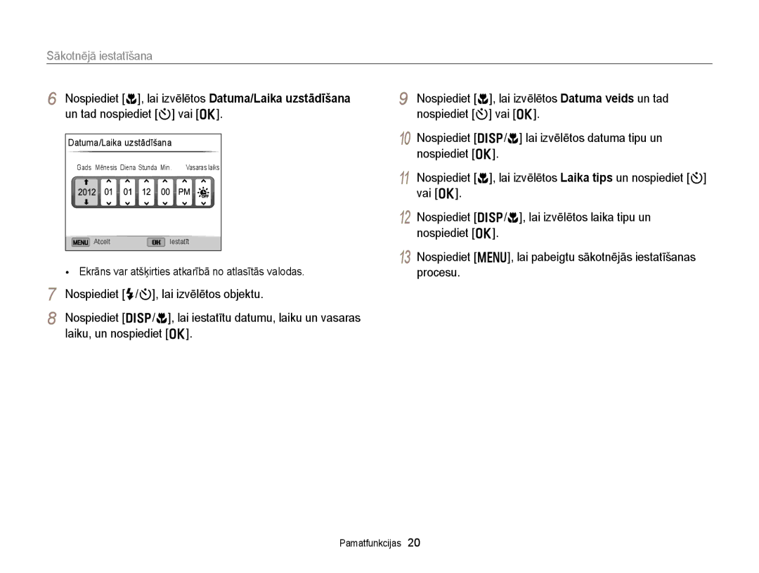 Samsung EC-DV300FBPBE2 manual Sākotnējā iestatīšana, Nospiediet F/t, lai izvēlētos objektu, Laiku, un nospiediet o 