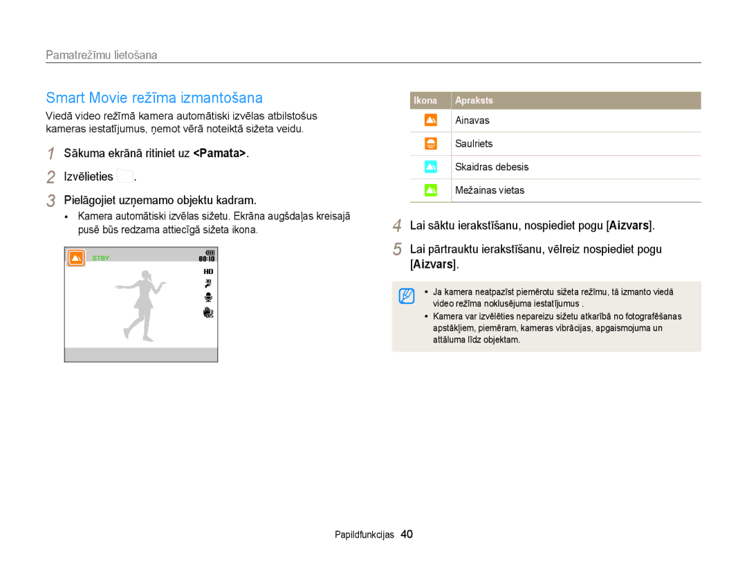 Samsung EC-DV300FBPBE2, EC-DV300FBPUE2 manual Smart Movie režīma izmantošana, Pusē būs redzama attiecīgā sižeta ikona 