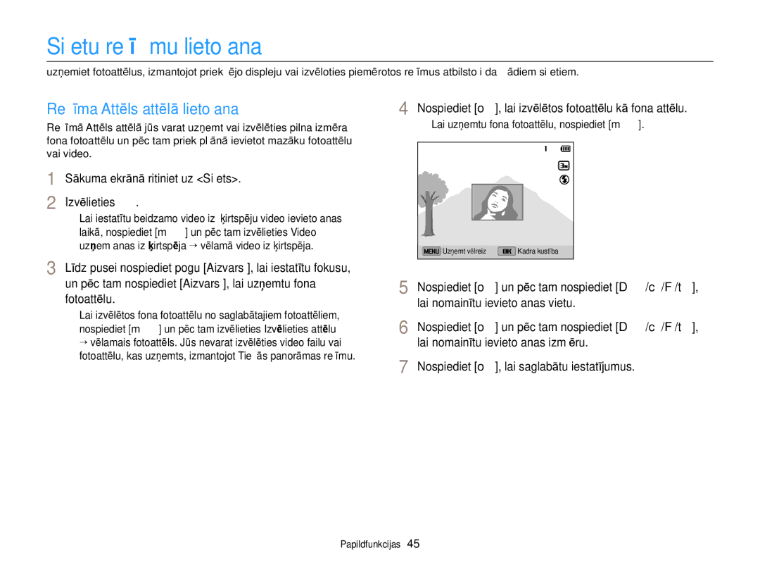 Samsung EC-DV300FBPUE2 Sižetu režīmu lietošana, Režīma Attēls attēlā lietošana, Lai uzņemtu fona fotoattēlu, nospiediet m 