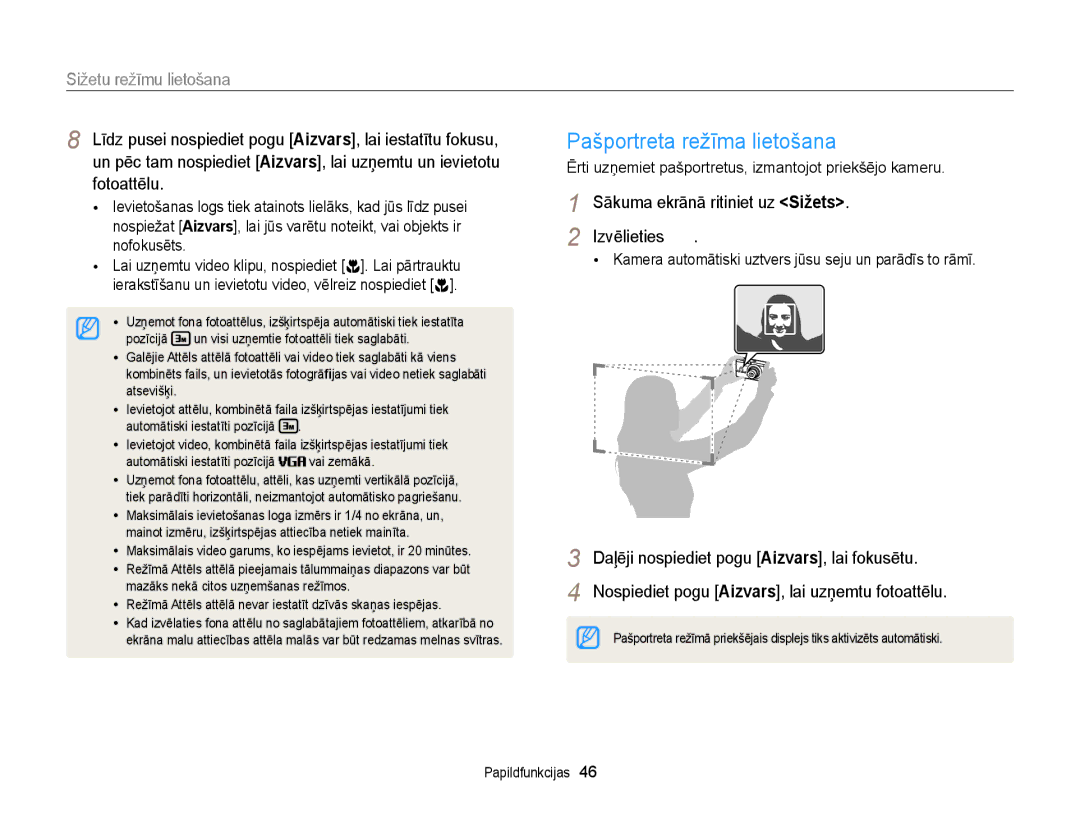 Samsung EC-DV300FBPBE2, EC-DV300FBPUE2 manual Pašportreta režīma lietošana, Sižetu režīmu lietošana 