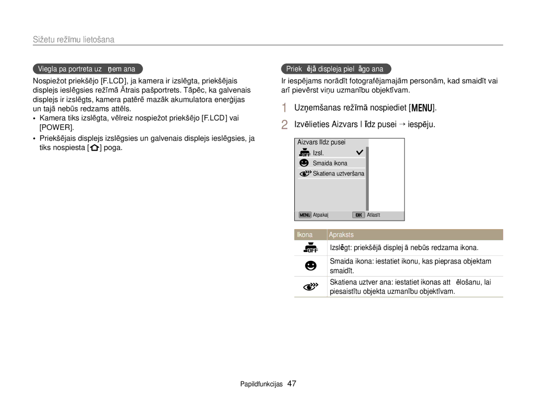 Samsung EC-DV300FBPUE2, EC-DV300FBPBE2 manual Viegla pašportreta uzņemšana, Priekšējā displeja pielāgošana 