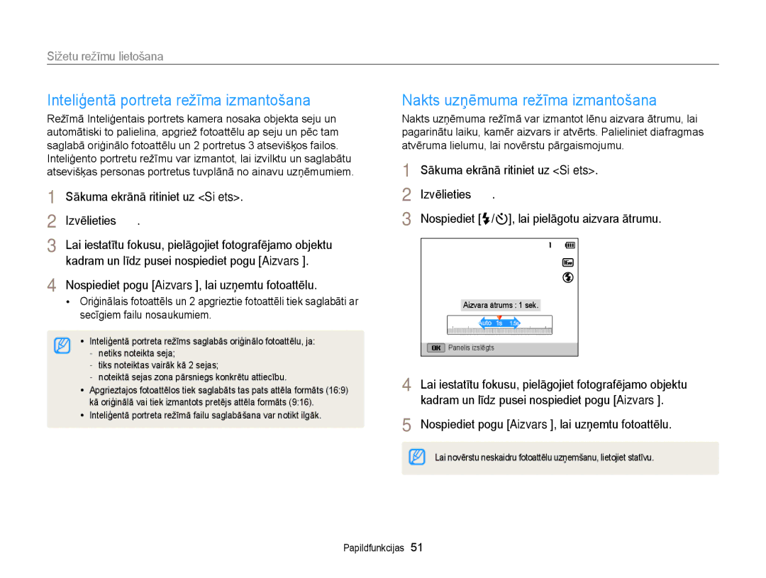 Samsung EC-DV300FBPUE2, EC-DV300FBPBE2 manual Inteliģentā portreta režīma izmantošana, Nakts uzņēmuma režīma izmantošana 