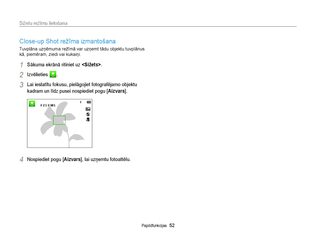Samsung EC-DV300FBPBE2, EC-DV300FBPUE2 manual Close-up Shot režīma izmantošana 