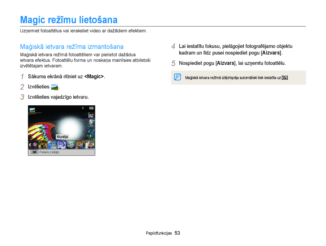 Samsung EC-DV300FBPUE2, EC-DV300FBPBE2 manual Magic režīmu lietošana, Maģiskā ietvara režīma izmantošana 